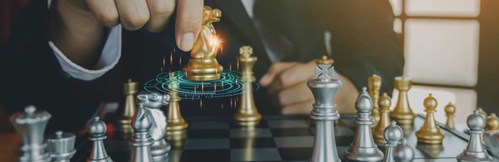 A chess board mid-game, representing deliberate strategic choices